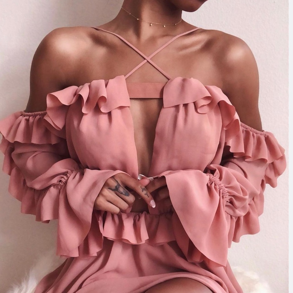 House of CB Serenity (Blush) Off Shoulder Ruffled Mini Dress